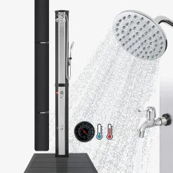 Solardusche 60L mit Thermometer und Handbrause schwarz-silber mit Bodenplatte Anthrazit