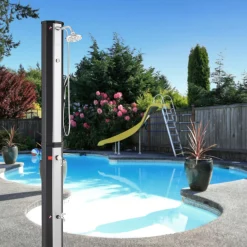 Solardusche 60L mit Thermometer und Handbrause schwarz-silber mit Bodenplatte Anthrazit