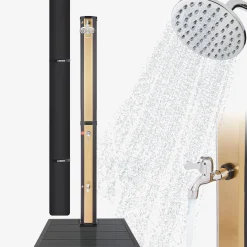 Solardusche 35L Schwarz golden mit Bodenplatte Anthrazit